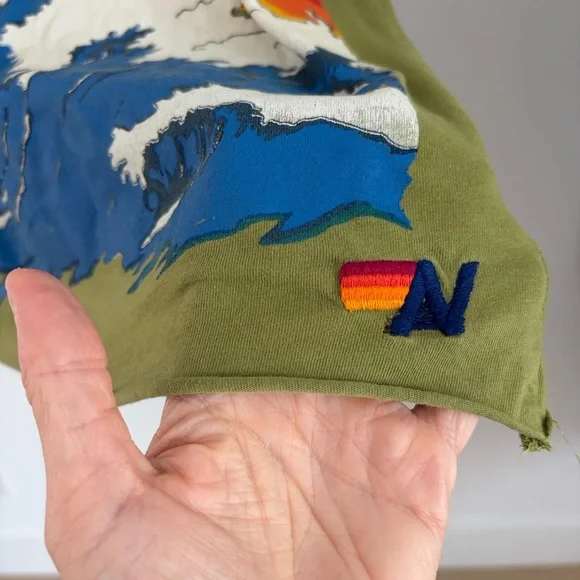 Super Rare Aviator Nation Olive Green Tee with Vibrant Wave Graphic SM - Picture 6 of 10